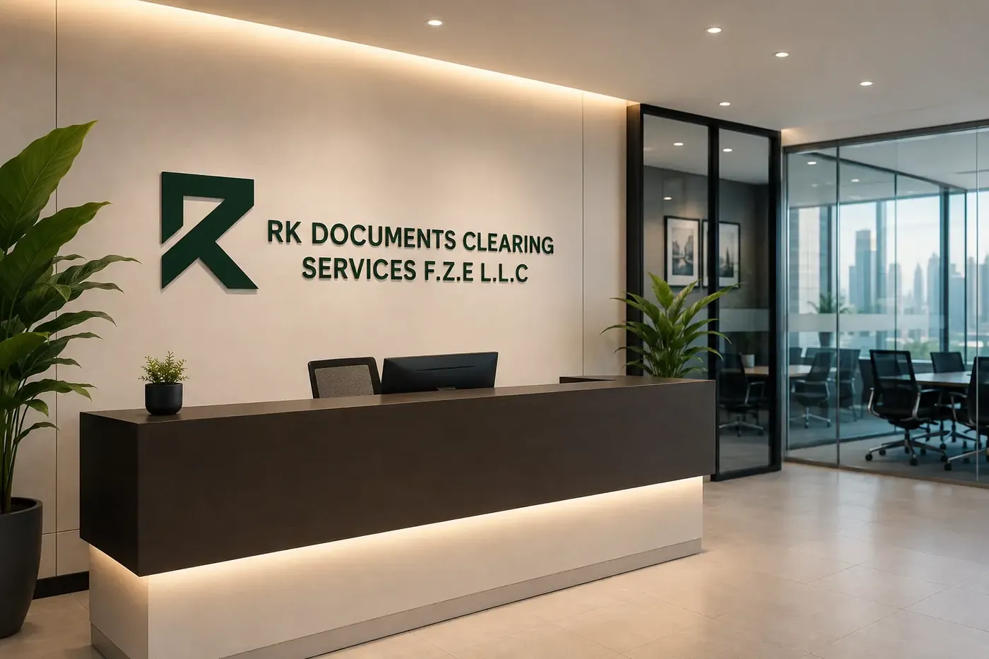 RK Documents Clearing Services office reception with company logo