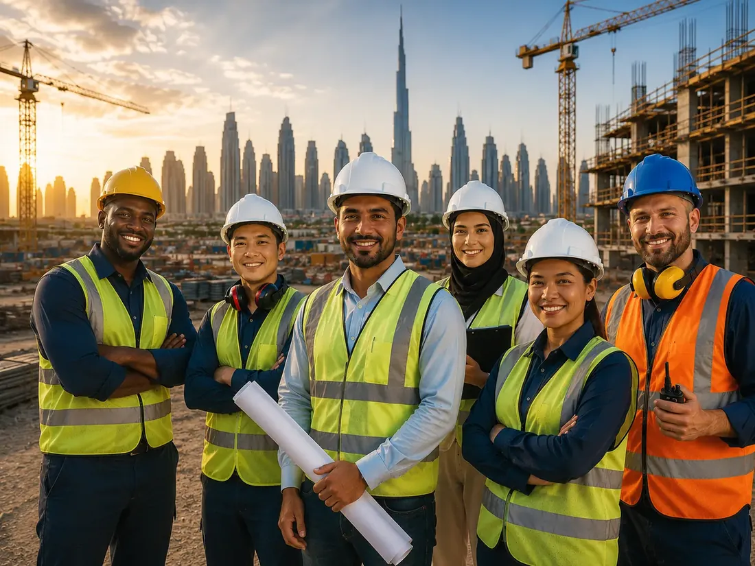 Construction workers on a UAE building site — manpower supplied by RK Documents Clearing Services