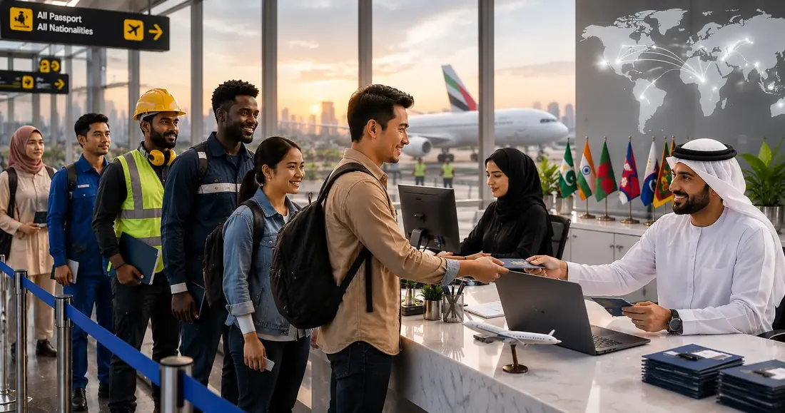 Overseas workers arriving for UAE placement — international recruitment by RK Documents